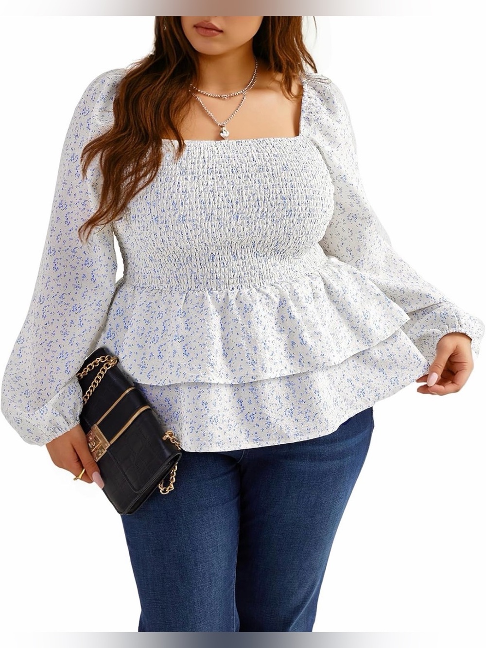 Smocked Square-Neck Peplum Blouse in White with Light Blue Floral